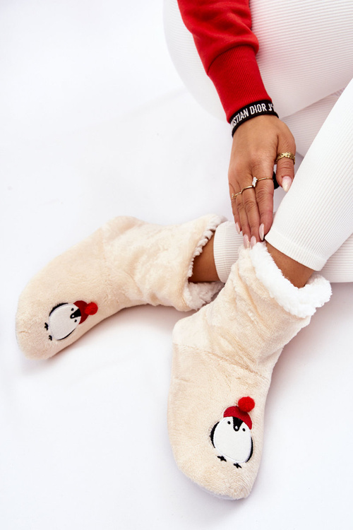 Dámské pantofle Teplé pantofle s tučňáky Béžový