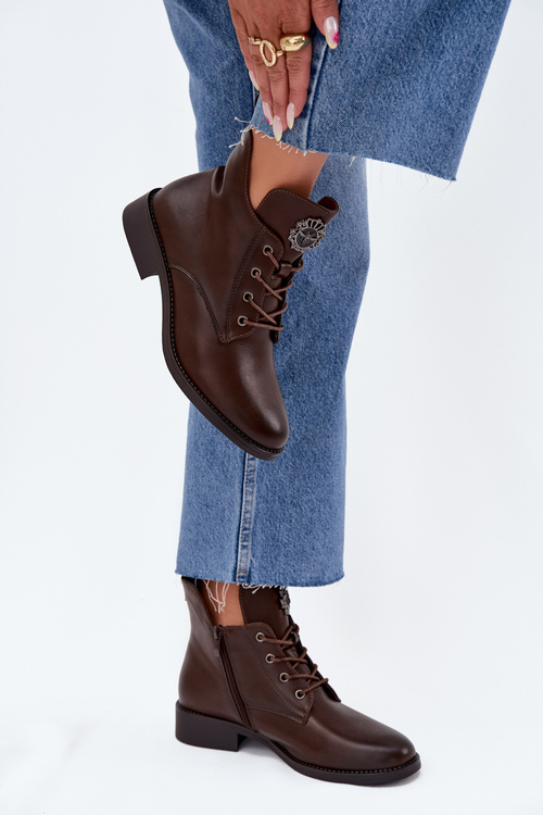 Nízké dámské boty na plochém podpatku se zdobným detailem zateplené hnědé Cylira