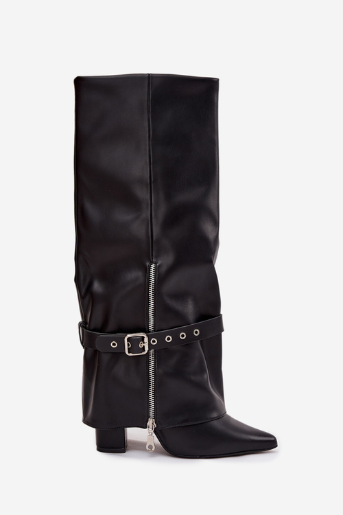 Dámske čižmy na podpätku s ozdobným pásom z eko kože čierne Jolivine