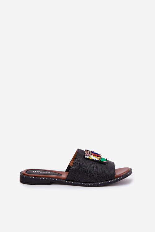 Dámske sandále na plochom podpätku s ozdobou čierne Clelione