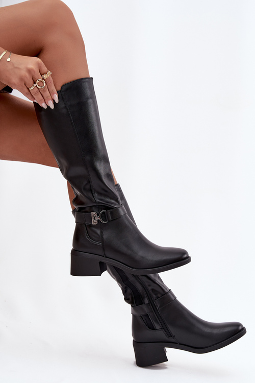 Ocieplane Dámske Kožené Čižmy Na Klinu S Pásom Sergio Leone KZ25826 Čierne