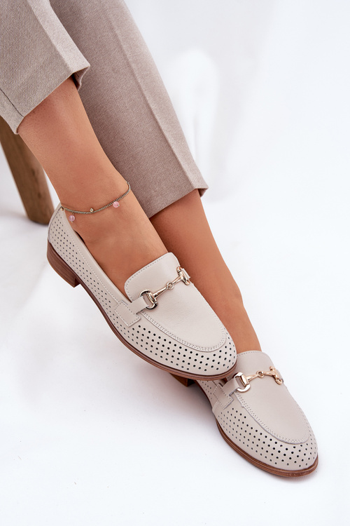 Kožené Dámske Mokasíny S Dekoráciou Na Plochéj Päte Béžové S.Barski LR51-588