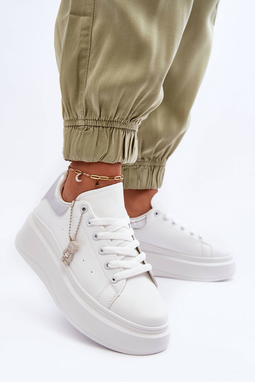 Dámske športové topánky na masívnej platforme biele a strieborné Mariell