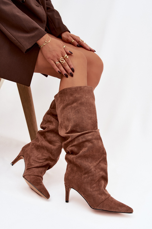 Vlněné Kozačky na Podpatku z Eko Semiš Oteplené Tmavě Béžové Mavella