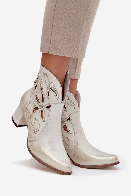 Kožené Dierované Dámske Čižmy Na Opätku Zazoo 3647 Zlato Opotrebované