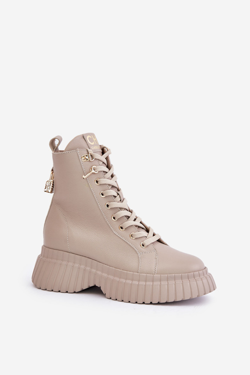 Kožené Boty Na Platformě Na Zip S Dekorativním Zámkem CheBello 4517 Béžové