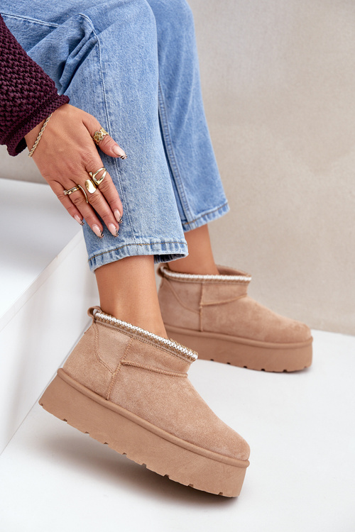 Snehové topánky na platforme s dekoratívnym vyšívaním béžové Heslania