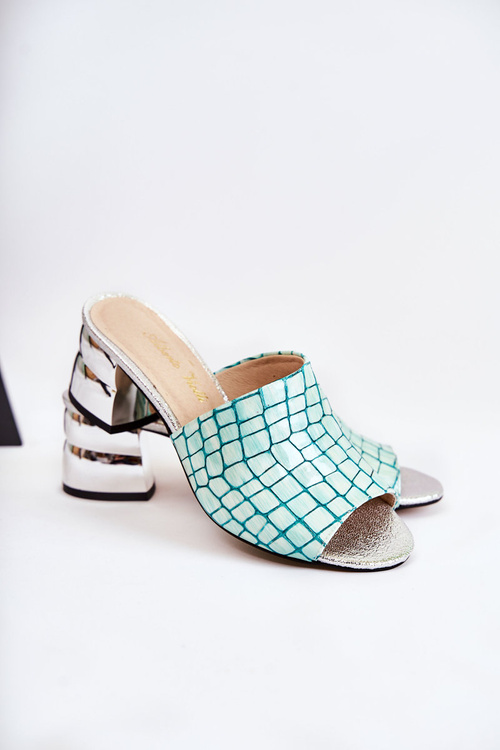 Krokodíl dámske kožené papuče s svetlo zelenými perry