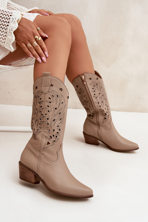 Kožené Kozačky S Vzorkovaným Svrškem Tmavě Béžové Zazoo 3714