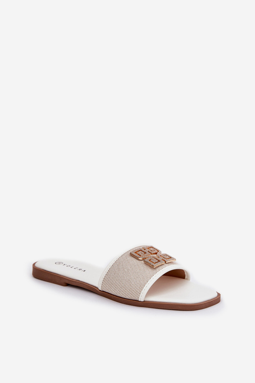 Elegantné dámske papuče s ozdobou na plochom podpätku biele Lovehia