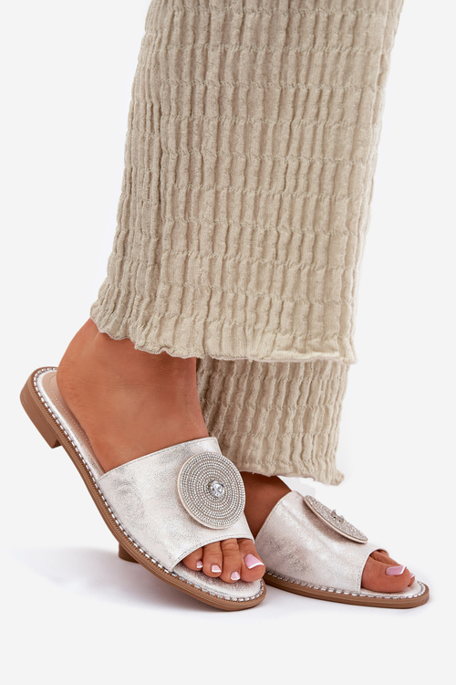 Dámské Pantofle Na Plochém Podpatku S Ozdobou S.Barski KV51-013 Stříbrné