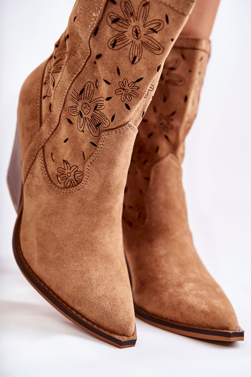 Módne semišové topánky kovbojské topánky s kvetmi Camel Coralie
