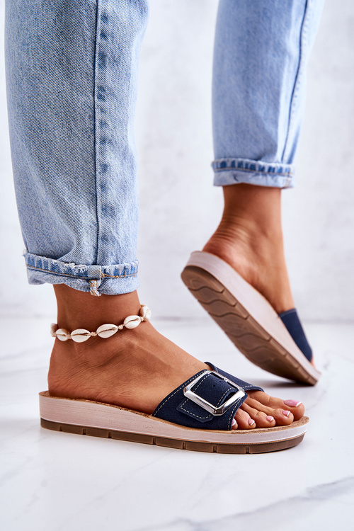 Módne dámske papuče s inblu CP000031 Navy Blue Buckle