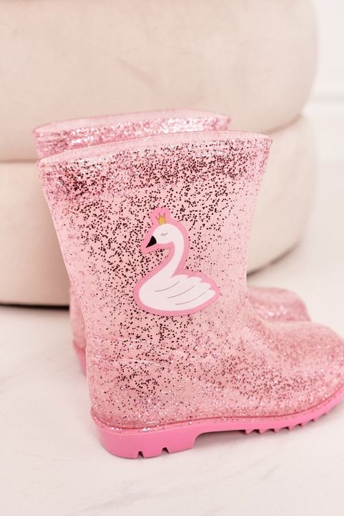 Detské brokátové galoshes s labuťmi ružovou farbou