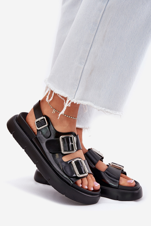 Kožené Lakované Dámské Sandály S Přezkami Big Star RR274662 Černé