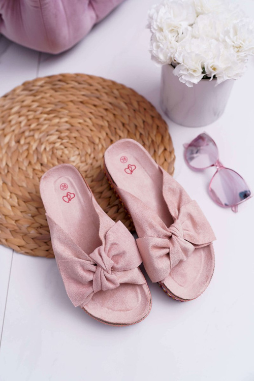 Ženské žabky s lukmi, hustou ružovou míľkou podrážkou