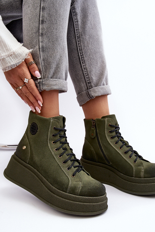 Suede topánky na masívnej platforme Maciejka 06309-24 Olive