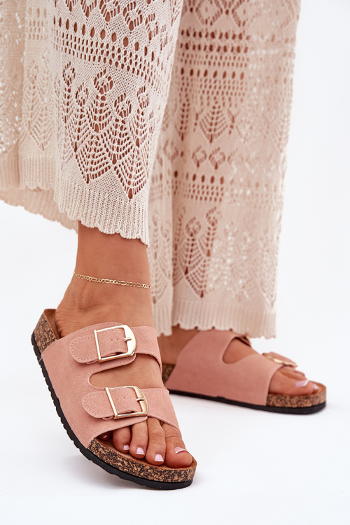 Dámske sandále na korkovej platforme so zlatými prackami ružové Lisavionea