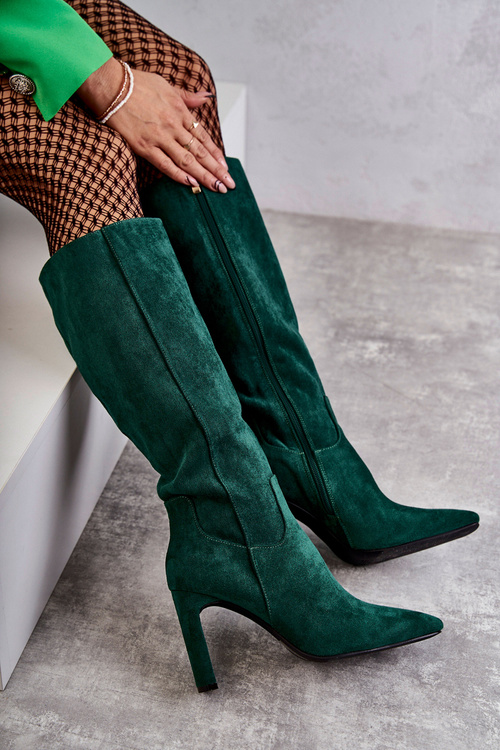 Dámské kozačky na podpatku ke kolenům tmavě zelené Truly Love
