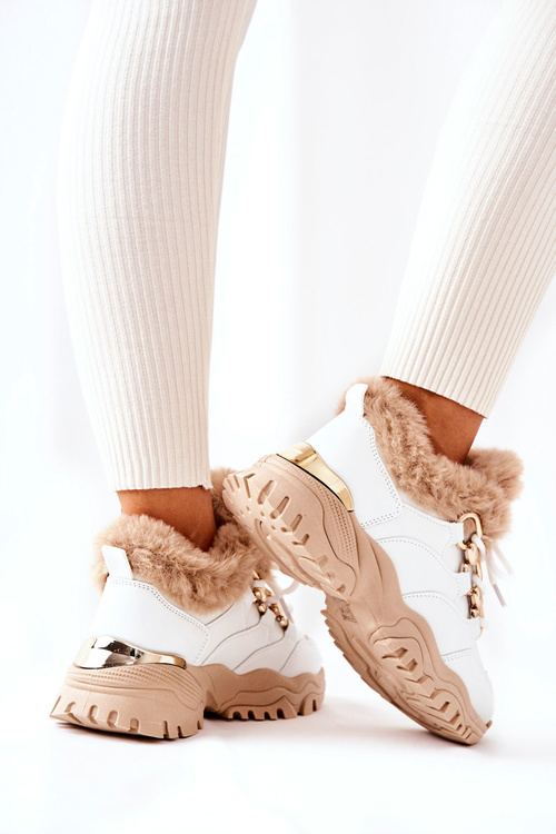 Kožená zateplená sportovní obuv Bílá a béžová Shiney