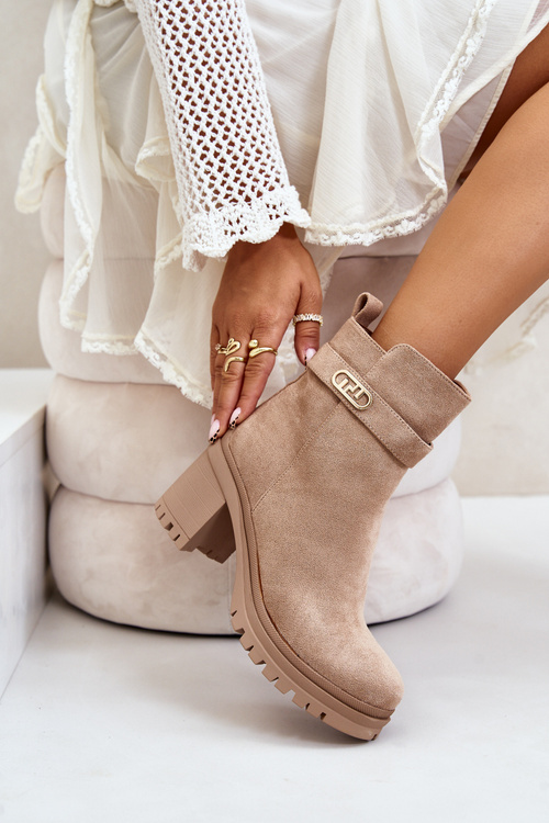 Dámské botky na podpatku eko zamšové zateplené na zip béžové Laonora