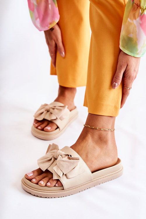 Klasické dámské kožené pantofle s mašlí béžove Dessy