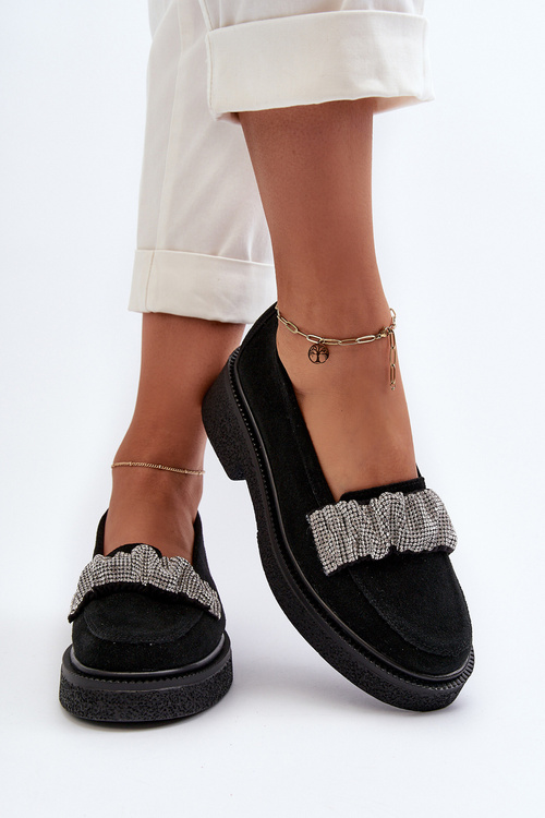 Zazoo 3419 Dámské semišové mokasíny s ozdobným páskem Černé