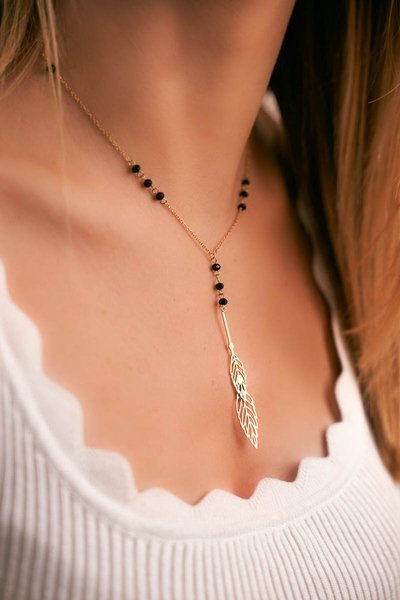 Dámský Zlatý Náhrdelník Růženec černé Kuličky Beatrix