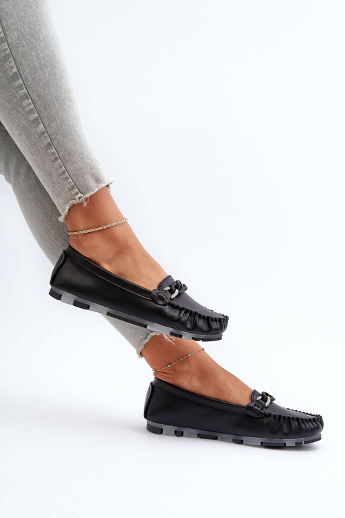 Čierne kožené mokasíny s ozdobou Dámske S.Barski LR339