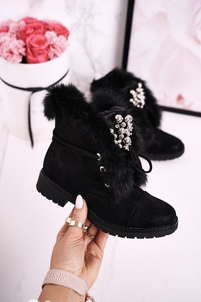 Dětské Teplé Boty S Kožešinou Nubuk Černé Ella