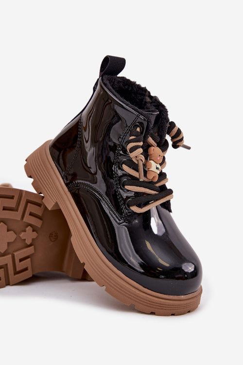 Zateplené dětské lakované kotníkové boty s přezkou medvěd černé Jovellea