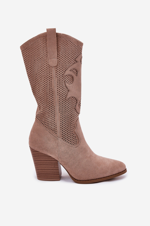 Děrované Kozačky Kovbojské Na Podpatku Béžové S.Barski HY51-606