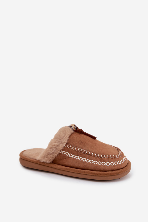 Dámske papuče s kožušinkou a výšivkou hnedé Perivelle