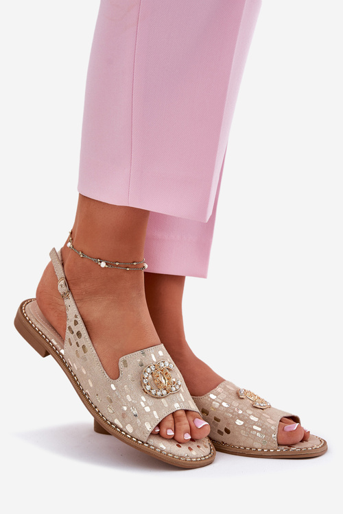 Kožené Sandále S Dekoráciou Na Ploškom Opätku S.Barski KV51-096 Zlaté