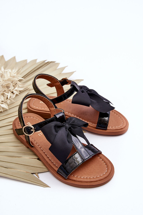 Dětské Lakované Sandály S Mašlí Černá Netina