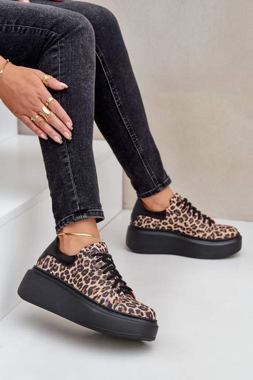 Kožené tenisky na platformě s leopardím vzorem Zazoo 3346 hnědo-černé