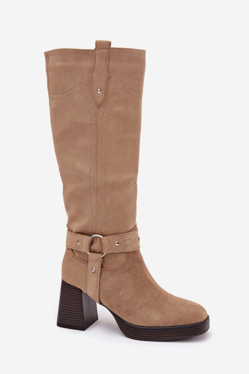 Zateplené dámske čižmy na podpätku s prešívaním béžové Alessara