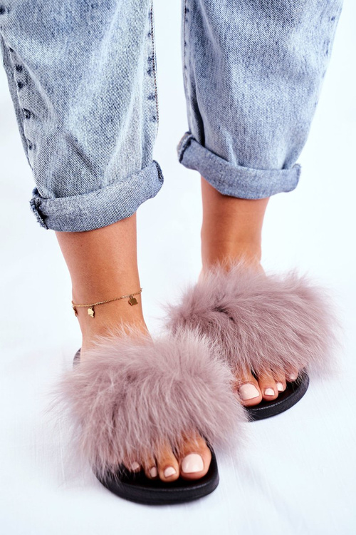 Ženské žabky s prírodným kožušinovým svetlo šedým bushidom