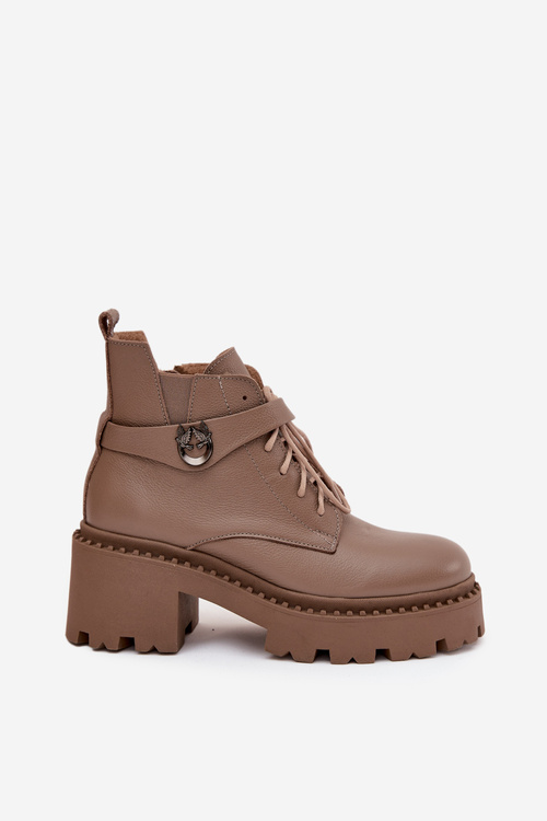 Kožené dámské kotníkové boty na klínu s ozdobným páskem zateplené Zazoo 60557 tmavě béžové