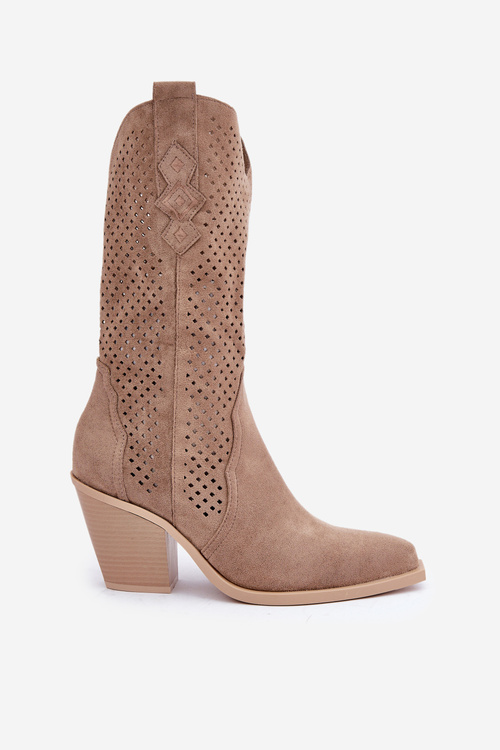 Proplétané Kozačky Na Podpatku Tmavě Béžové Salive