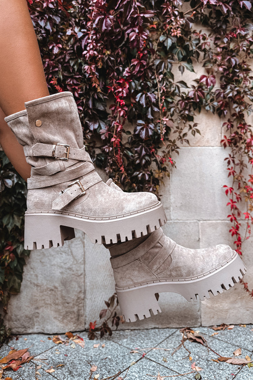 Dámske čižmy na hrubom podpätku s prackami a pásom béžové Nerelisa