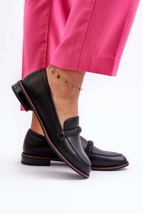 Dámské kožené mokasíny s ozdobným páskem černé Saosin