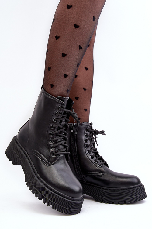 Dámské šněrovací botky Workery s tlustou podrážkou černé Biancis