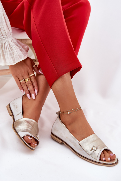 Kožené Elegantné Baleríny S Odkrytými Prstami Zazoo 1865 Zlatý Ošúchaný