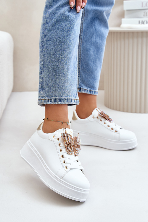 Dámske Tenisky Na Platforme S Motýľom Bielo-Zlaté Naritevia