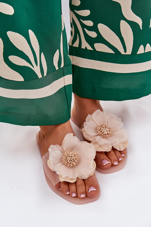 Priehľadné Ploché Dámske Papuče S Umelou Kvetinou Nude Vobetta