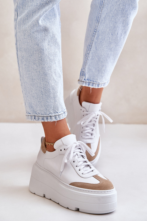 Kožené Sneakersy Na Masivní Platformě Bílá-Bežová Lewski 3635/X