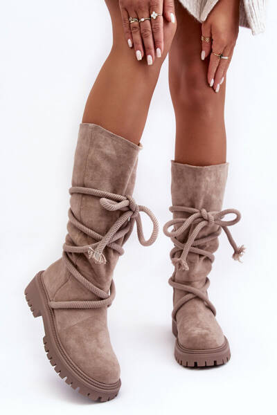 Dámské Zamšové Kozačky S Tkanicí Béžový Tanive