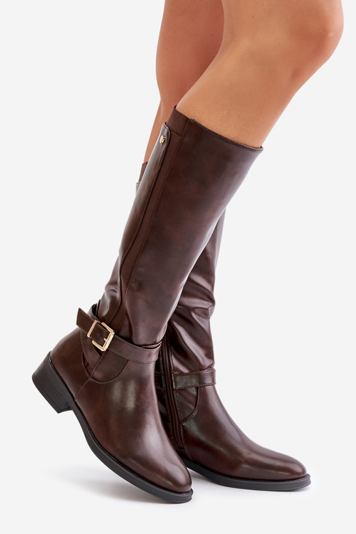 Dámske Zateplené Čižmy Na Ploškom Opätku So Zlatou Sponou Hnedé Arsisna