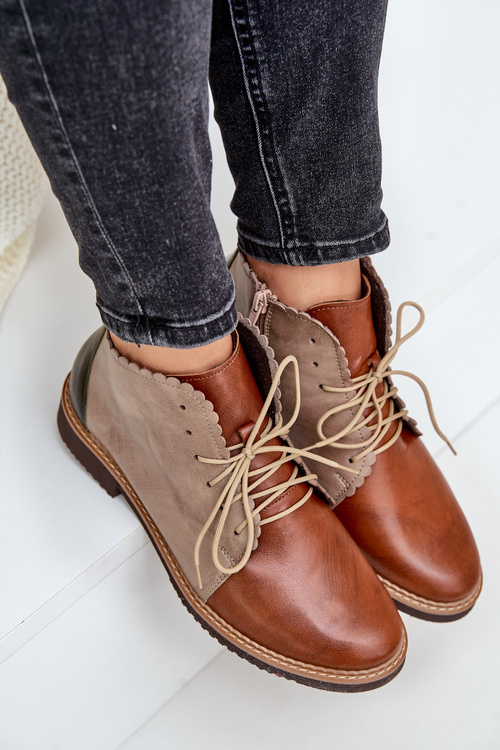 Kožené Botky Na Plochém Podpatku Hnědé Zazoo 4078